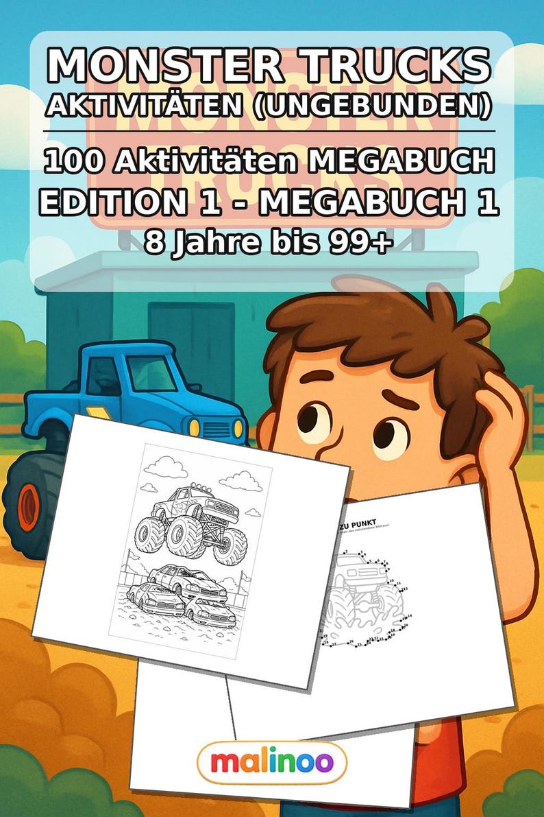 Monster Trucks Activiteitenboek voor Kinderen – 100 Puzzel- en Activiteitenpagina's – Gedrukt + Losse pagina's E1/B1 (DIN A4) – Cadeau, Activiteitenboek afbeelding 2
