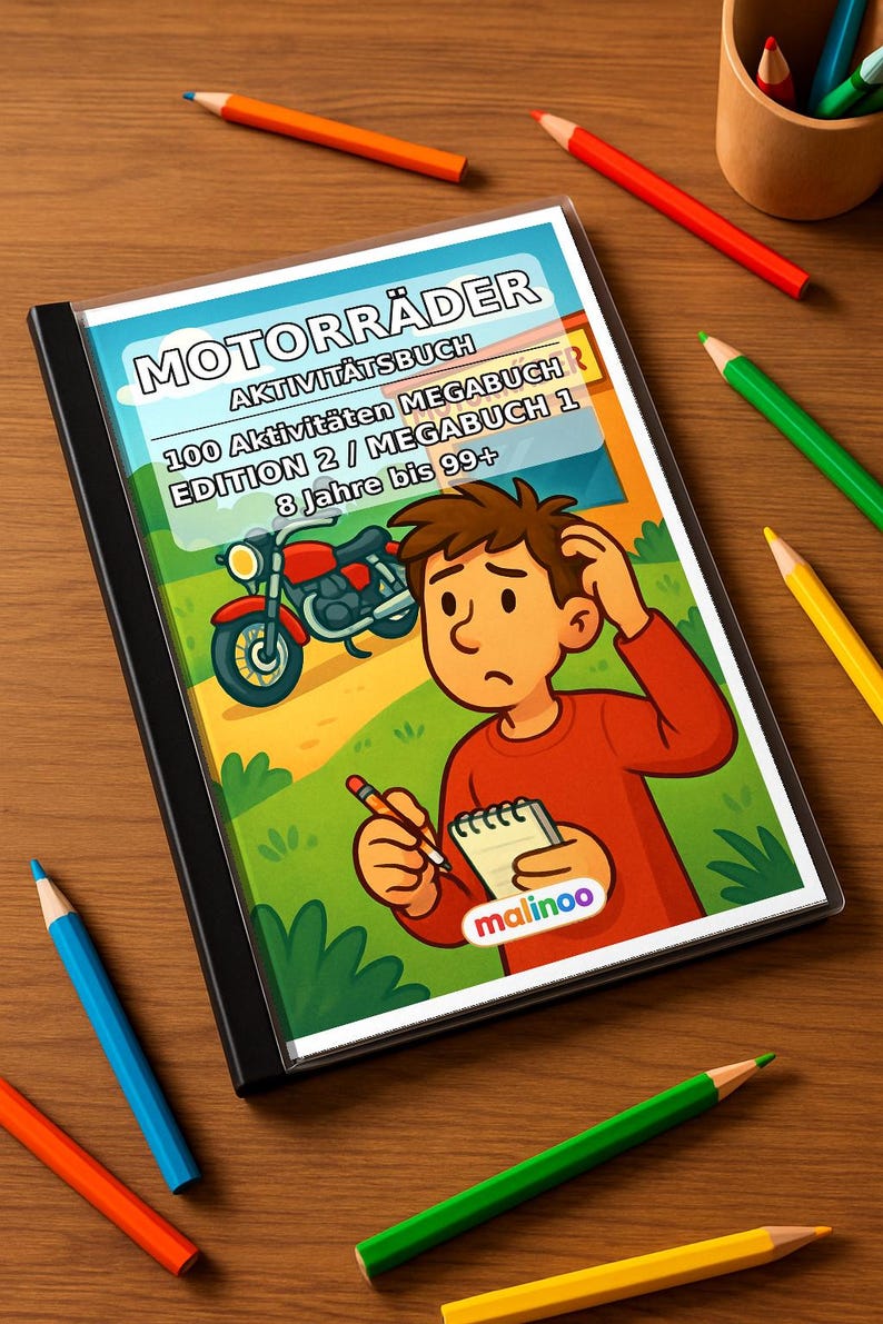 Motorcycle Activity Book for Children – 100 Puzzle & Activity Pages – Bound or Loose, Edition 02 (DIN A4) – Gift, Activity image 1