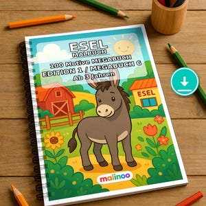 Esel Malbuch PDF Download digital – 100 Ausmalbilder für Kinder – MEGABUCH 06 Edition 1 (DIN-A4)