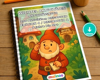 Książka z zadaniami dla dzieci „Krasnale” – 100 stron z łamigłówkami i zadaniami – Pobierz PDF E1/B1 (DIN-A4) – Prezent, zadania