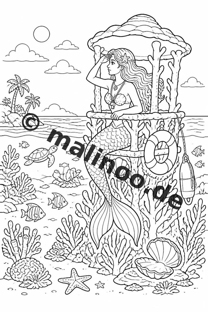 Livre de coloriage de sirènes pour enfants – 100 pages à colorier – Téléchargement PDF E1/B3 (DIN-A4) – Cadeau, activité, calendrier de l'Avent, anniversaire image 9