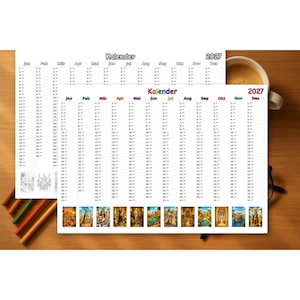 May include: A 2027 wall calendar featuring a grid layout with twelve columns for each month, labelled with German month abbreviations. The bottom section displays colourful illustrations of ancient Egyptian scenes, including pyramids, statues, and temples.