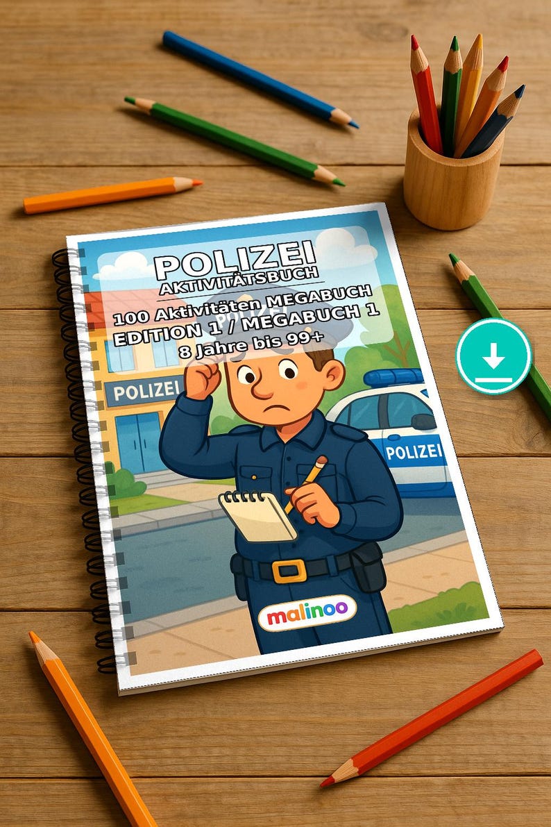 Police Activity Book for Children – 100 Puzzle and Activity Pages – PDF Download E1/B1 (DIN-A4) – Gift, Activity, Advent Calendar image 1