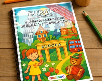 Europe Coloring Book, printed and bound – 100 coloring pages for children – MEGA BOOK 06 Edition 1 – Printed on both sides (DIN A4)