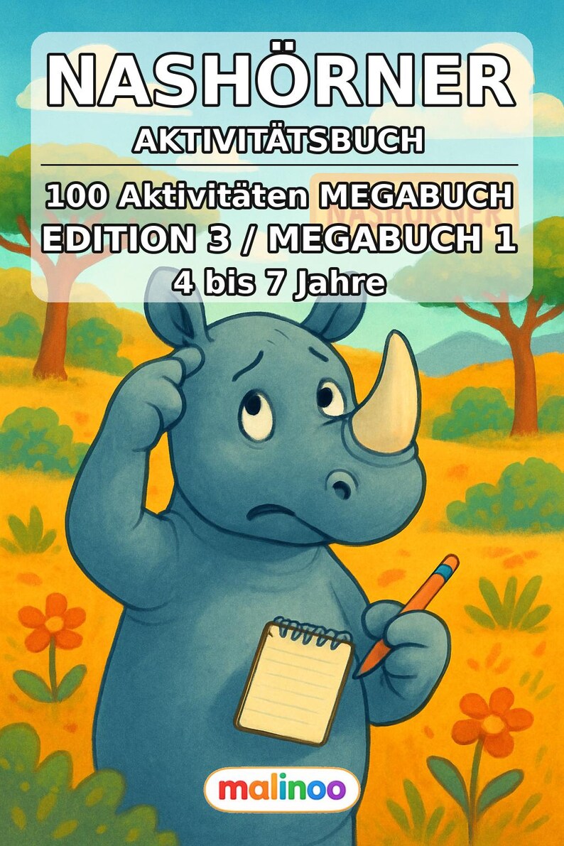 Rhinoceros Activity Book for Children – 100 Puzzle and Activity Pages – PDF Download E1/B1 (DIN-A4) – Gift, Activity, Advent Calendar image 2