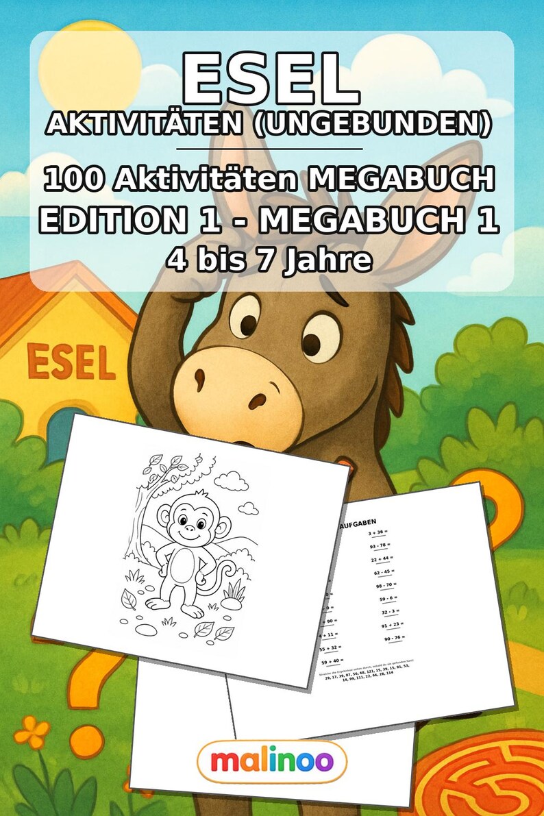 Donkey Activity Book for Children – 100 Puzzle and Activity Pages – Printed + Loose E1/B1 (DIN-A4) – Gift, Activity, Advent Calendar image 2