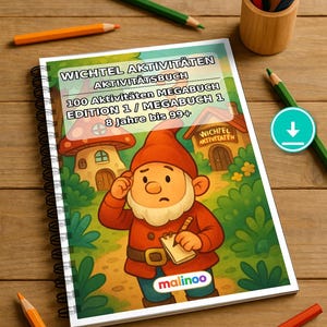 Kabouteractiviteitenboek voor kinderen – 100 puzzel- en activiteitenpagina's – PDF-download E1/B1 (DIN-A4) – Cadeau, Activiteitenboek afbeelding 1