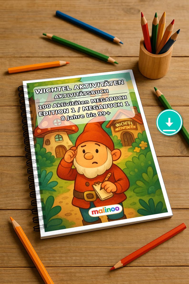 Kabouteractiviteitenboek voor kinderen – 100 puzzel- en activiteitenpagina's – PDF-download E1/B1 (DIN-A4) – Cadeau, Activiteitenboek afbeelding 1