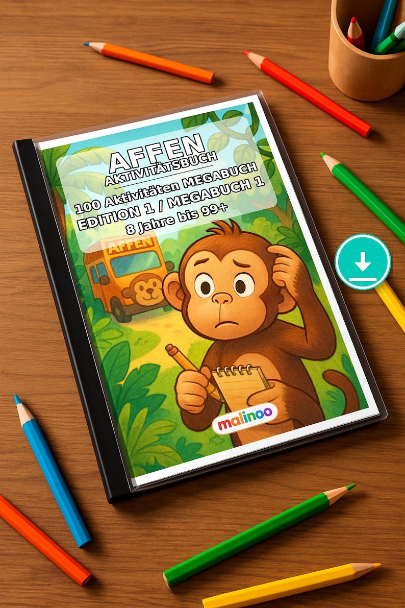 Werkbladen met apenthema voor kinderen vanaf 8 jaar – Direct te downloaden als PDF – Lastminute cadeau – 100 pagina's E1 afbeelding 1
