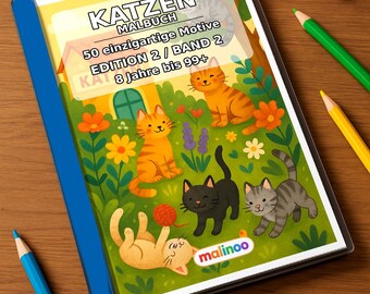 Katzen Malbuch Kinder – 50 Ausmalbilder – gedruckt+gebunden E1/B2, 1-seitig (DIN-A4) – Geschenk, Reisebeschäftigung, Geburtstag