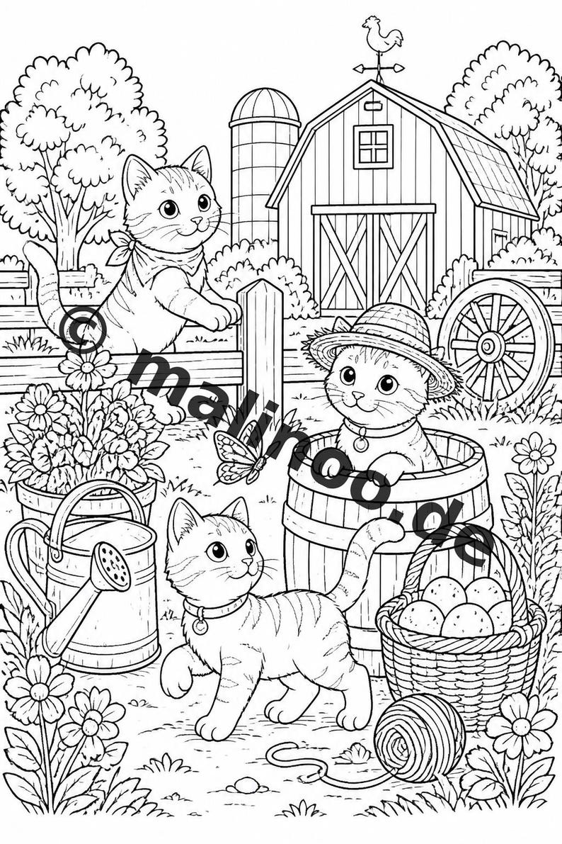 Katzen Malbuch Kinder – 50 Ausmalbilder – PDF Download E1/B1 (DIN-A4) – Geschenk, Reisebeschäftigung, Geburtstag, Beschäftigung Bild 9
