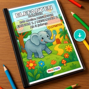 Elephant Coloring Book for Children – 100 Coloring Pages – PDF Download E1/B1 (DIN-A4) – Gift, Activity, Advent Calendar, Birthday image 1