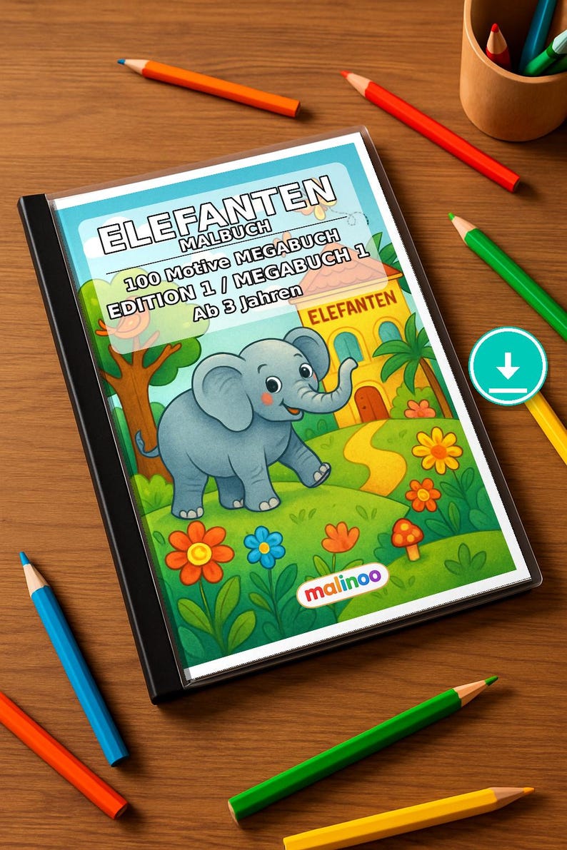 Elephant Coloring Book for Children – 100 Coloring Pages – PDF Download E1/B1 (DIN-A4) – Gift, Activity, Advent Calendar, Birthday image 1