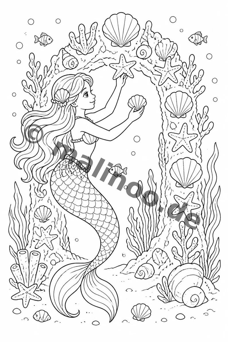 100 Motive Meerjungfrauen zum Ausmalen ab 6 Jahren – kleines Ostergeschenk für Kinder – Malbuch zum Ausmalen (DIN-A4) E5 Bild 13