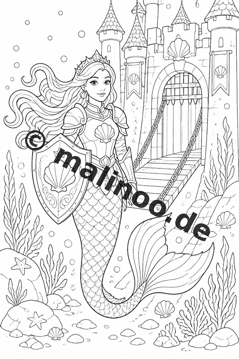 Libro da colorare di sirene per bambini – 100 pagine da colorare – Download PDF E1/B2 (DIN-A4) – Regalo, Attività, Calendario dell'Avvento, Compleanno immagine 6