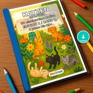Katzen Malbuch Kinder – 50 Ausmalbilder – PDF Download E1/B1 (DIN-A4) – Geschenk, Reisebeschäftigung, Geburtstag, Beschäftigung Bild 1
