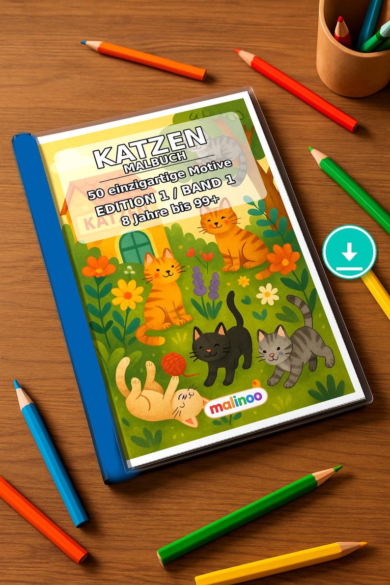 Katzen Malbuch Kinder – 50 Ausmalbilder – PDF Download E1/B1 (DIN-A4) – Geschenk, Reisebeschäftigung, Geburtstag, Beschäftigung Bild 1