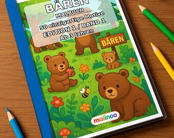 Bären Malbuch Kinder – 50 Ausmalbilder – gedruckt+gebunden E1/B1, 2-seitig (DIN-A4) – Geschenk, Reisebeschäftigung, Geburtstag