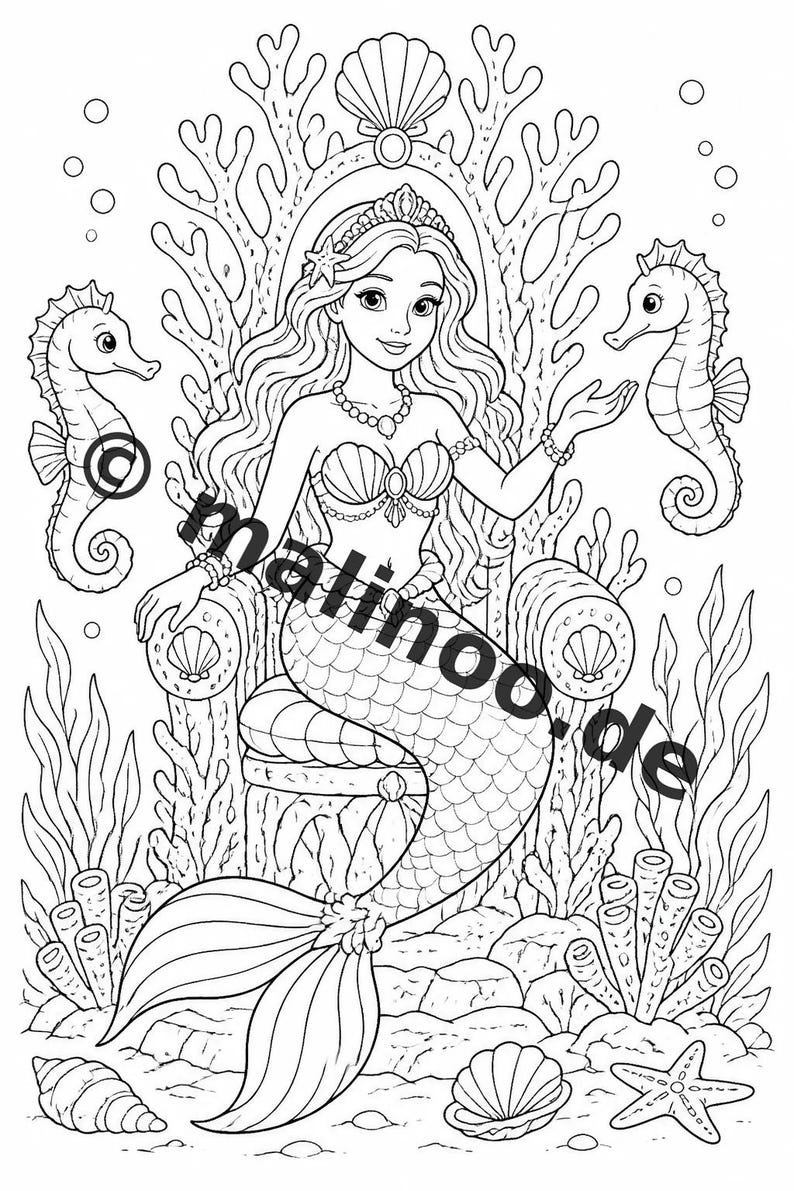 Livre de coloriage de sirènes pour enfants – 100 pages à colorier – Téléchargement PDF E1/B3 (DIN-A4) – Cadeau, activité, calendrier de l'Avent, anniversaire image 3