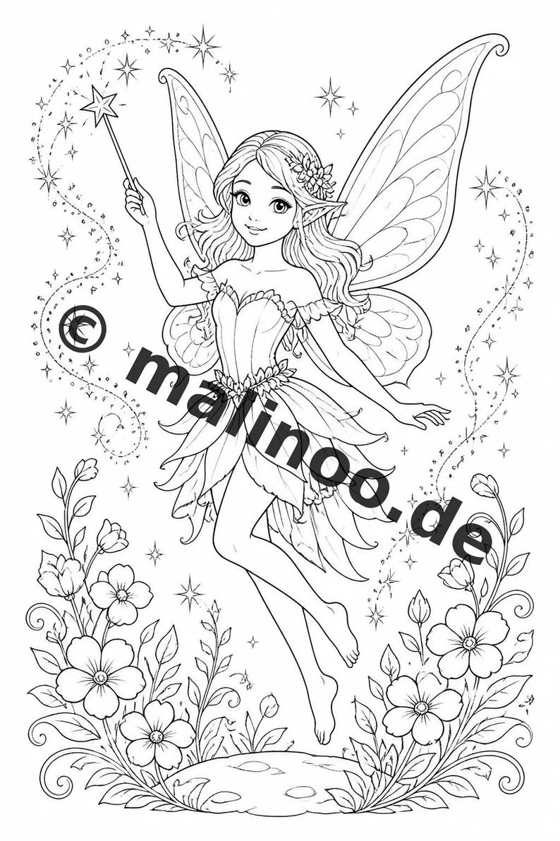 Fairy Coloring Book for Children – 50 Coloring Pages – PDF Download E1/B1 (DIN-A4) – Gift, Travel Activity, Birthday, Activity image 5