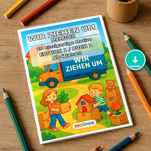 引っ越しします！子供向け塗り絵 – リラックスとマインドフルネスのための塗り絵 – 20ページ (PDF) E1/B1 画像 1