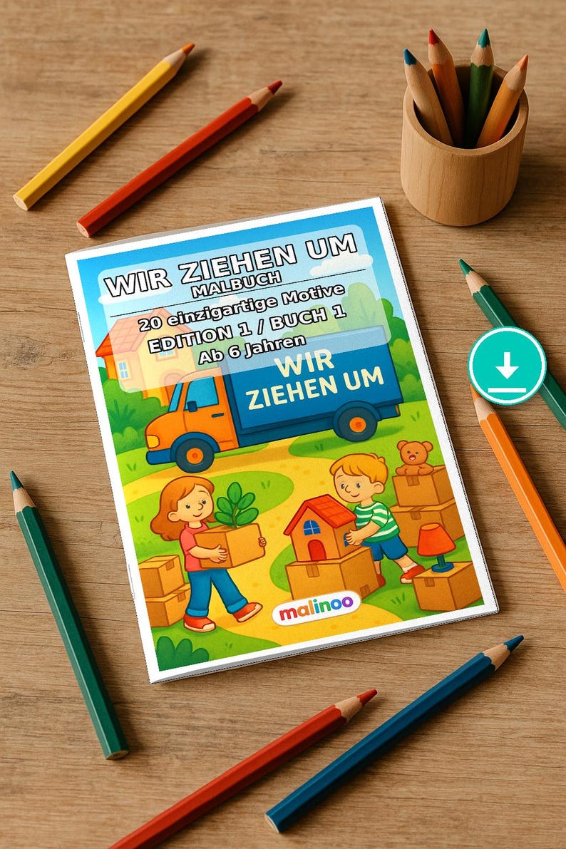 引っ越しします！子供向け塗り絵 – リラックスとマインドフルネスのための塗り絵 – 20ページ (PDF) E1/B1 画像 1