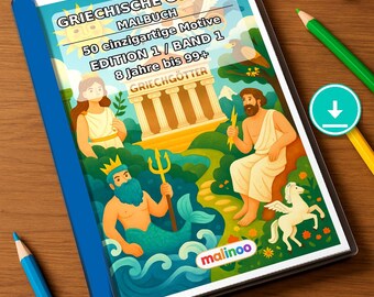 Libro para colorear de dioses griegos para niños – 50 páginas para colorear – Descarga en PDF E1/B1 (DIN-A4) – Regalo, actividad de viaje, cumpleaños, actividad