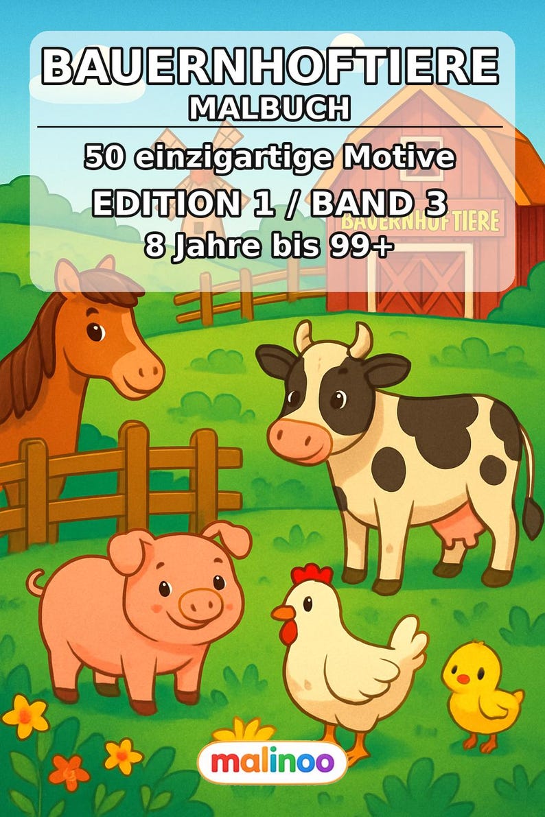 Libro para colorear de animales de granja para niños – 50 páginas para colorear – Descarga en PDF E1/B3 (DIN-A4) – Regalo, actividad de viaje, cumpleaños, actividad imagen 2