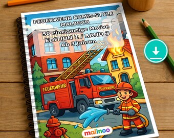 Livre de coloriage de pompiers style BD pour enfants – 50 pages à colorier – Téléchargement PDF E1/B3 (DIN-A4) – Cadeau, activité de voyage, anniversaire