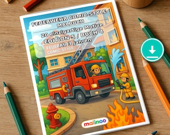 Może przedstawiać: Kolorowanka zatytułowana FEUERWEHR COMIC-STYLE MALBUCH 20 einzigartige Motive EDITION 5 / BUCH 4 FEUERAb 3 Jahren COMIC-STYLE przedstawiająca czerwony wóz strażacki, strażaków i hydrant, otoczona kredkami.