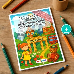 Livre de coloriage Europe pour enfants – 20 pages à colorier – Téléchargement PDF E1/B2 (DIN-A4) – Cadeau d'invité, souvenir de fête d'anniversaire d'enfant image 1