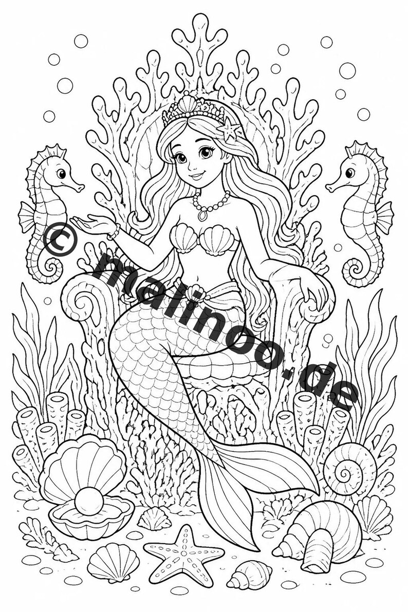 Libro da colorare di sirene per bambini – 100 pagine da colorare – Download PDF E1/B2 (DIN-A4) – Regalo, Attività, Calendario dell'Avvento, Compleanno immagine 3