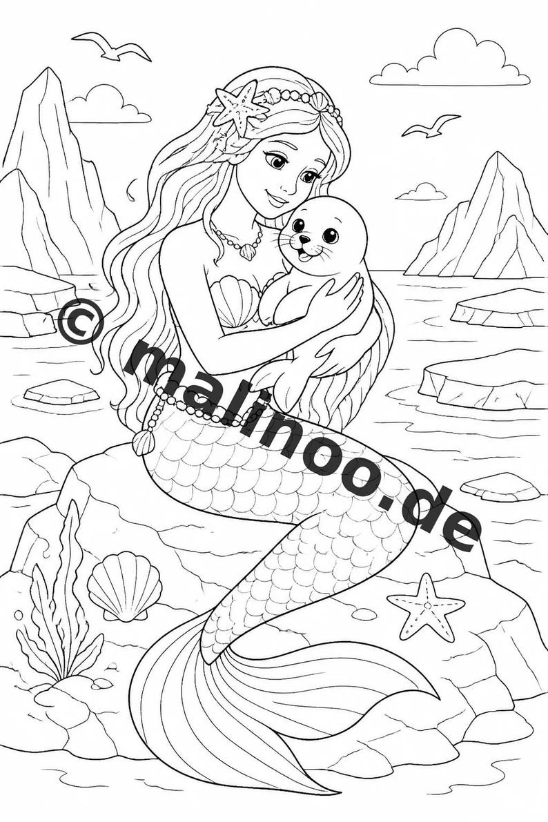 Livre de coloriage de sirènes pour enfants – 100 pages à colorier – Téléchargement PDF E1/B6 (DIN-A4) – Cadeau, activité, calendrier de l'Avent, anniversaire image 4