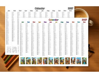 Calendario de elefantes 2027 para imprimir, colorear y descargar en PDF.