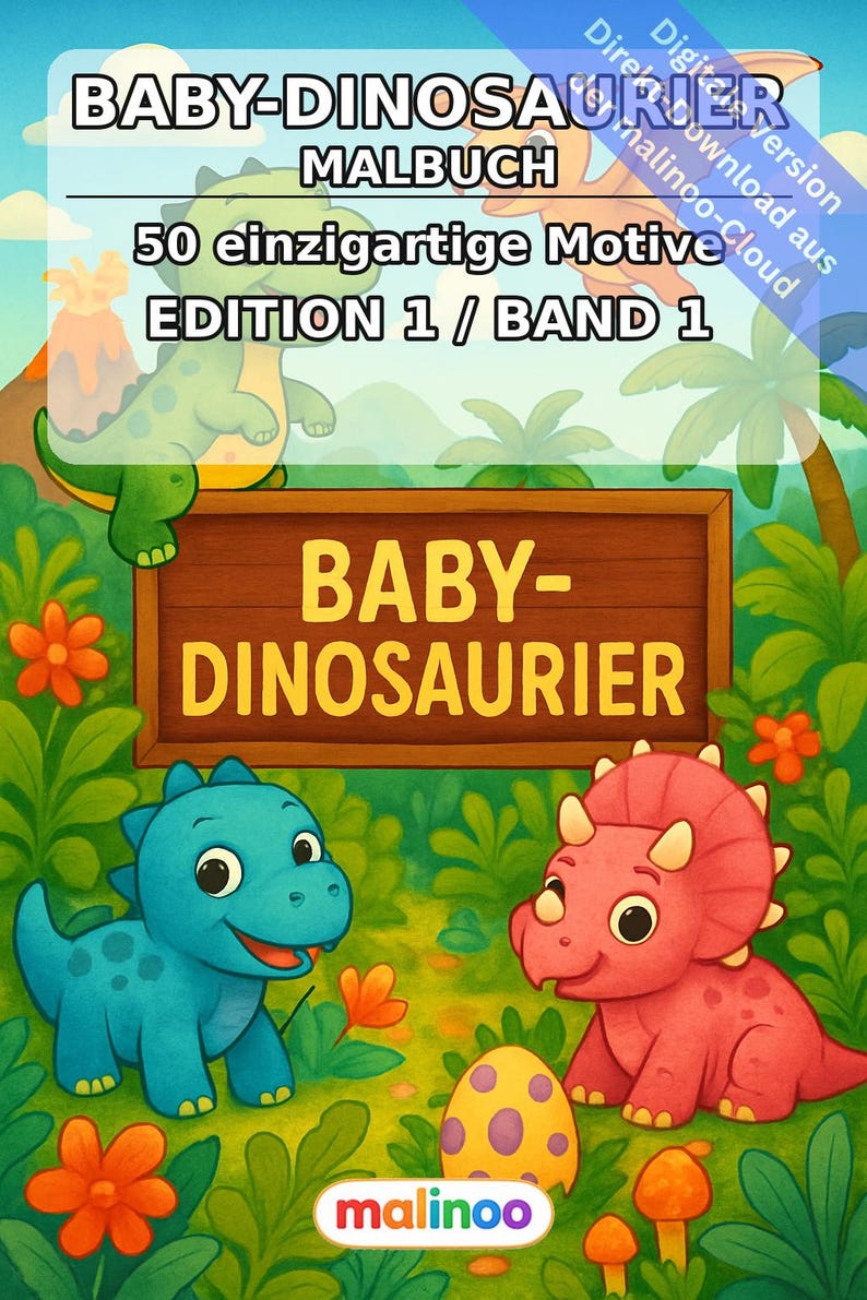 Kolorowanka „Dziecko dinozaura” w formacie PDF do pobrania w wersji cyfrowej – 50 kolorowanek dla dzieci – tom 1, wydanie 1 (DIN A4) zdjęcie 2