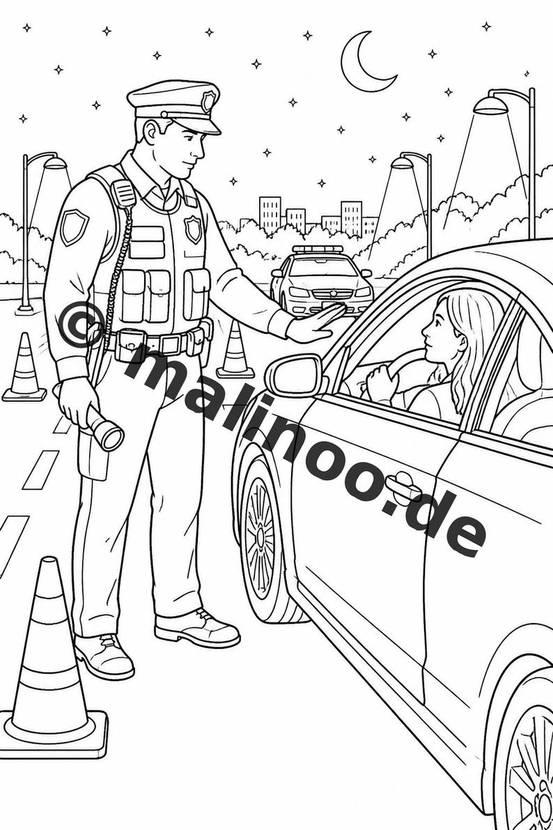 Police Coloring Book for Kids – 50 Coloring Pages – PDF Download E1/B5 (DIN-A4) – Gift, Travel Activity, Birthday, Keeps Entertaining image 17