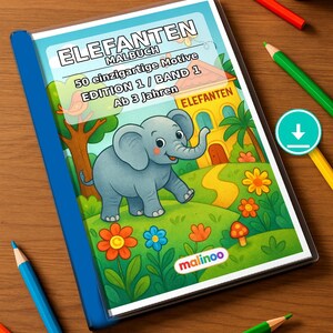 Elefanten Malbuch Kinder – 50 Ausmalbilder – PDF Download E1/B1 (DIN-A4) – Geschenk, Reisebeschäftigung, Geburtstag, Beschäftigung Bild 1