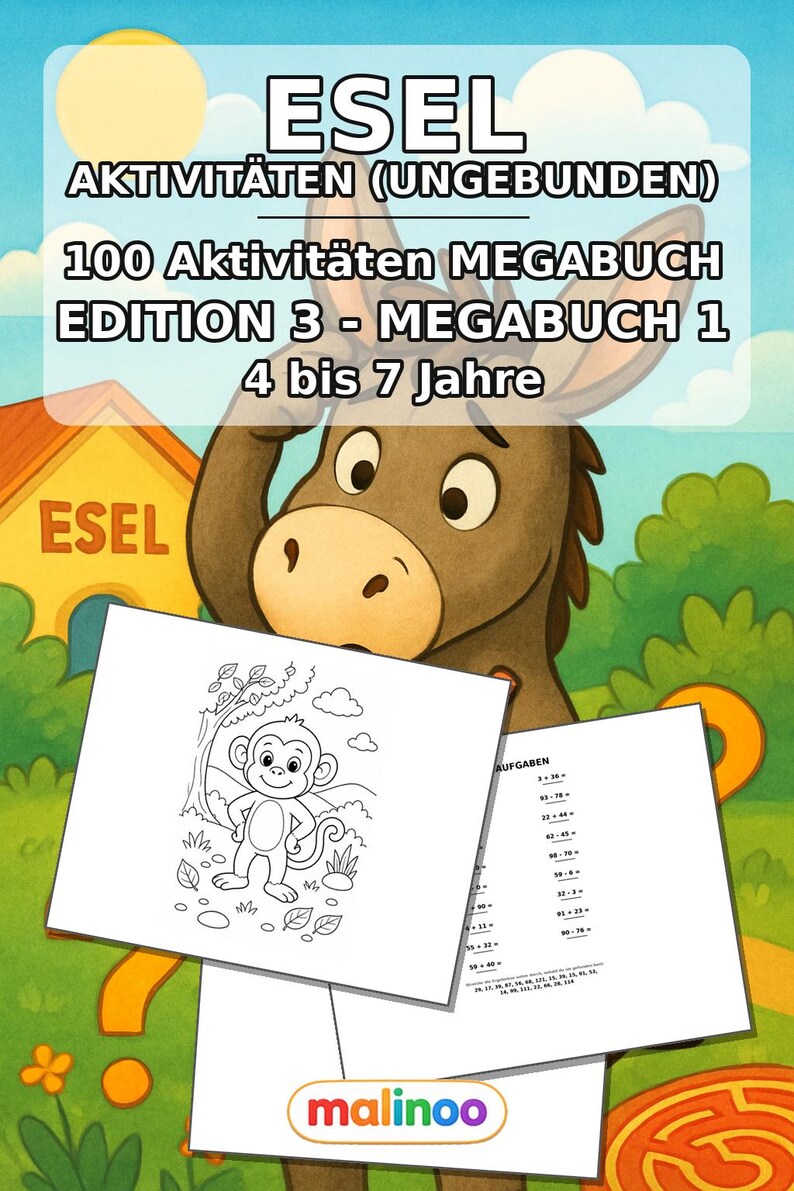 Donkey Activity Book for Children – 100 Puzzle and Activity Pages – Printed + Loose E1/B1 (DIN-A4) – Gift, Activity, Advent Calendar image 2