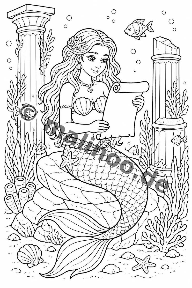 100 Motive Meerjungfrauen zum Ausmalen ab 6 Jahren – kleines Ostergeschenk für Kinder – Malbuch zum Ausmalen (DIN-A4) E5 Bild 14
