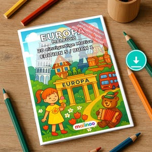 Europa Malbuch Kinder – 20 Ausmalbilder – PDF Download E1/B1 (DIN-A4) – Mitgebsel, Geschenk, Kindergeburtstag, Gastgeschenk Bild 1
