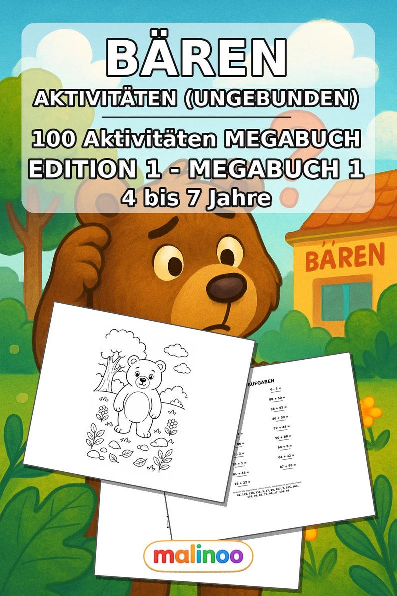 Bären Aktivitätsbuch Kinder – 100 Rätsel- und Aktivitätsseiten – gedruckt+lose E1/B1 (DIN-A4) – Geschenk, Beschäftigung, Adventskalender Bild 2