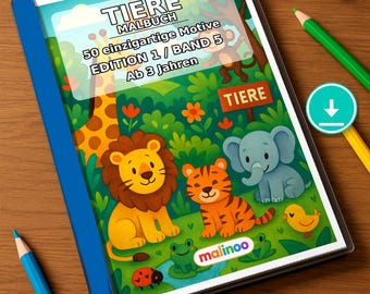 Livre de coloriage d'animaux pour enfants – 50 pages à colorier – Téléchargement PDF E1/B5 (DIN-A4) – Cadeau, activité de voyage, anniversaire, pour occuper les enfants