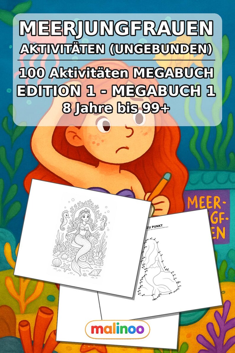 Mermaid Activity Book for Children – 100 Puzzle and Activity Pages – Printed + Loose E1/B1 (DIN A4) – Gift, Activity image 2