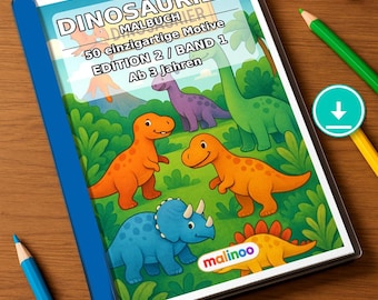 Dinosaur Coloring Book for Kids – 50 Coloring Pages – PDF Download E1/B1 (DIN-A4) – Gift, Travel Activity, Birthday, Keeps-Up