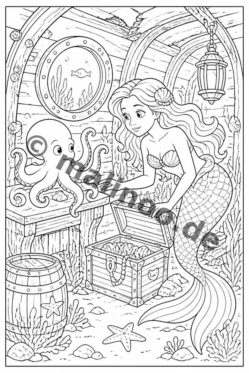 100 Motive Meerjungfrauen zum Ausmalen ab 6 Jahren – kleines Ostergeschenk für Kinder – Malbuch zum Ausmalen (DIN-A4) E5 Bild 8