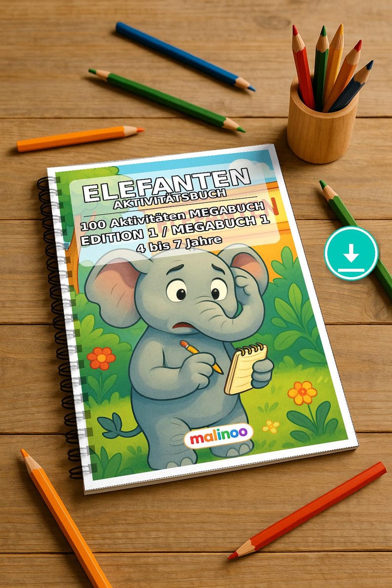 Elefanten Aktivitätsbuch PDF Download digital – 100 Rätsel- und Aktivitätsseiten für Kinder – MEGABUCH 01 Edition 1 (DIN-A4) Bild 1