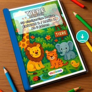 Dierenkleurboek voor kinderen – 50 kleurplaten – PDF-download E1/B1 (DIN-A4) – Cadeau, reisactiviteit, verjaardag, knutselactiviteit afbeelding 1