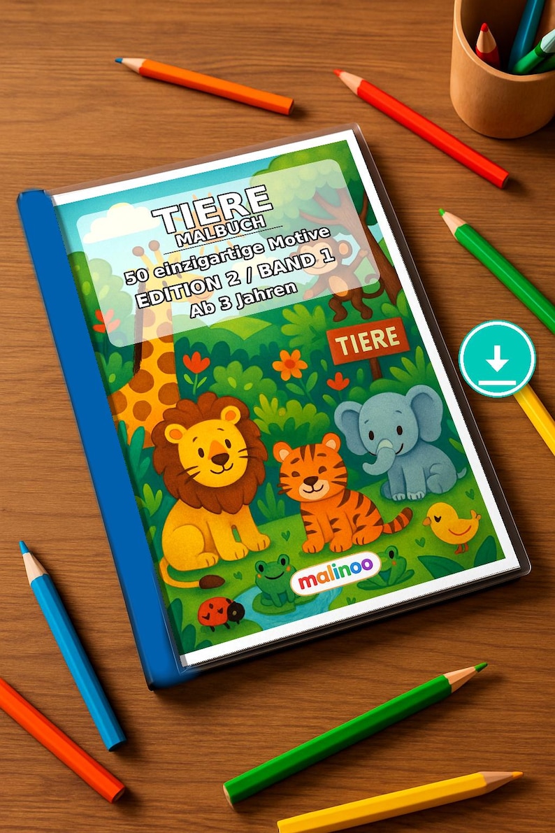 Dierenkleurboek voor kinderen – 50 kleurplaten – PDF-download E1/B1 (DIN-A4) – Cadeau, reisactiviteit, verjaardag, knutselactiviteit afbeelding 1