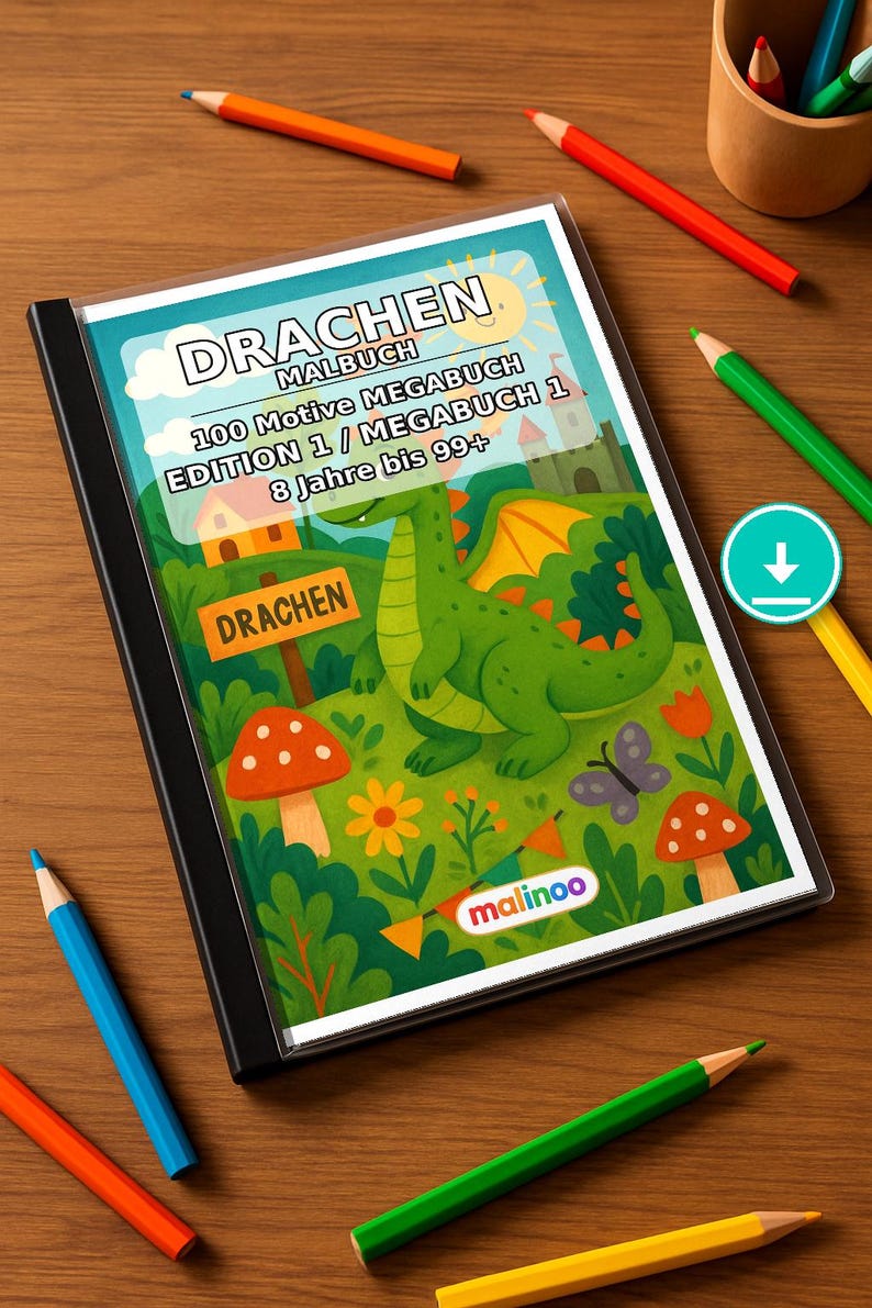 Drachen Malbuch Kinder – 100 Ausmalbilder – PDF Download E1/B1 (DIN-A4) – Geschenk, Beschäftigung, Adventskalender, Geburtstag Bild 1