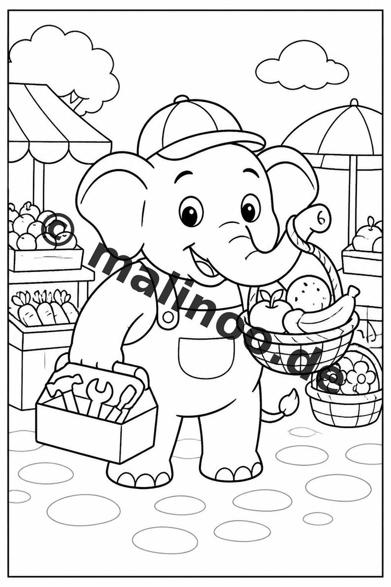 Elephant coloring book as a PDF for ages 3 and up – 100 pictures to color – printable template for home use, unlimited prints E2 image 12